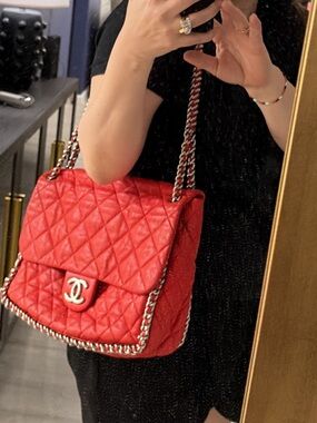 CHANEL Red Quilted Shoulder Bag with Chain Trim
